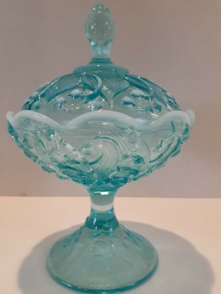 Fenton Blue Opalescent Hobnail Lidded Candy Dish Rare