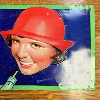 1920 ' s Hires Root Beer Embossed Painted Tin Sign with Smiling Woman VERY RARE 3