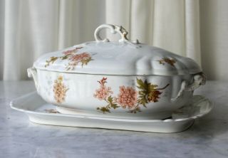 Antique Covered Vegetable Serving Dish And Matching Platter Porcelain 1920s