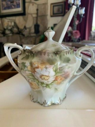 Rare Rs Prussia Floral Sugar Bowl With Lid,  Red Mark,  Vintage 50 