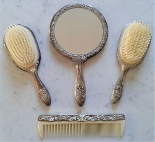 Antique Art Nouveau Silver Vanity Ornate Hand Mirror Comb & Brush Set
