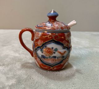 Antique Hand Painted Asian Porcelain Sugar Dish W/ Spoon Gold Unique
