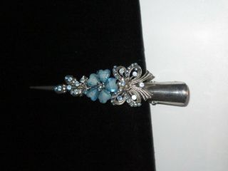 Hair Clip Pin Clip Rhinestone Silver Tone Blue Floral Metal Vintage Antique