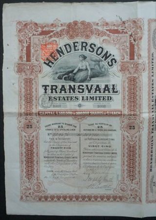 South Africa - Henderson Transvaal Estates - 1895 - 25 Shares - Rare -