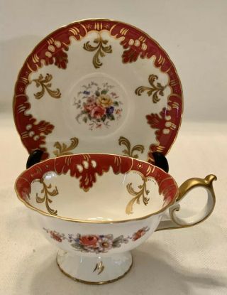 Royal Crown Derby Bone China Footed Tea Cup & Saucer Set Burgundy Red England