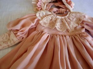 Vintage Pink Silk Doll Dress With Ecru Lace Matching Bonnet
