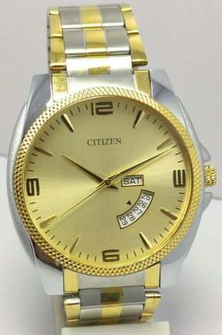 Vintage Japan Made Citizen Quartz Day&date Golden Dial Wrist Watch Men 