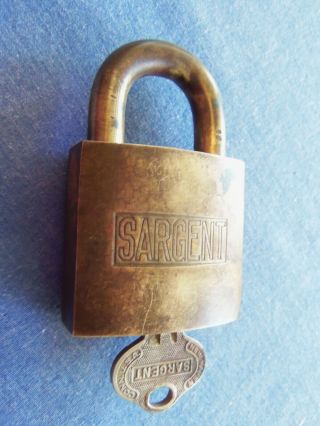 Old Vintage Antique Brass Sargent Lock Padlock With Key Made In Usa