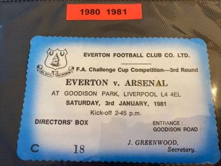 Everton V Arsenal Fa Cup 3rd Rd 3/8/81 - Rare Directors Box Ticket