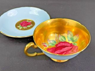 Rare Paragon Teacup And Saucer Floating Cabbage Rose,  Blue With Heavy Gold Gilt
