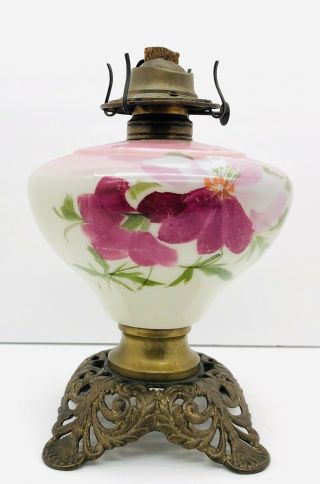 Antique Victorian Hand Painted Floral Milk Glass & Brass Oil Lamp Eagle Gwtw