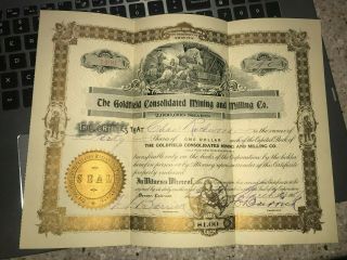 The Goldfield Consolidated Mining And Milling Company 1907 Antique Stock Certifi
