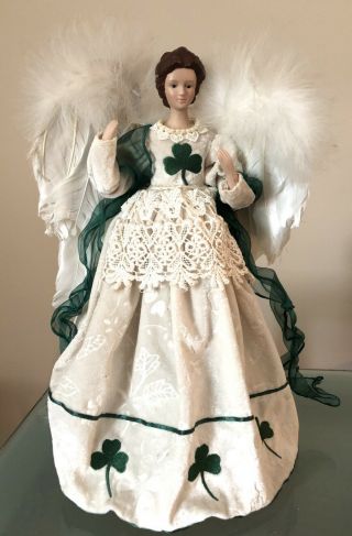 Vintage Christmas Angel Tree Topper Feather Wings Irish Theme Shamrock Dress