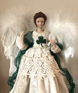 Vintage Christmas Angel Tree Topper Feather Wings Irish Theme Shamrock Dress 2