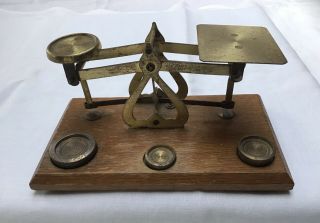 Vintage Mid - Century Brass Scale With 3 Weights.  Made In England.  Wooden Base.