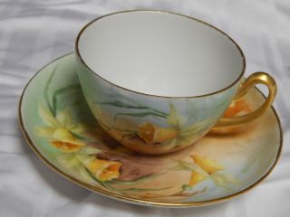 Antique Carl Tielsch Germany Hp Porcelain Art Nouveau Daffodils Cup And Sauce