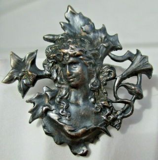 Antique French Button " Art Nouveau Lady W/flowers " Realistic Vintage Silver Metal