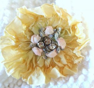 2 1/2 " Handmade Ombre Flower With Ring Of Antique French Pink Silk Rosettes