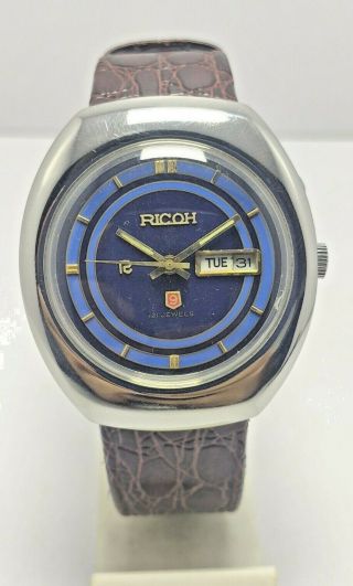 RARE VINTAGE JAPAN MADE RICOH DAY&DATE BLACK AUTOMATIC 21J WRIST WATCH FOR MEN ' S 2