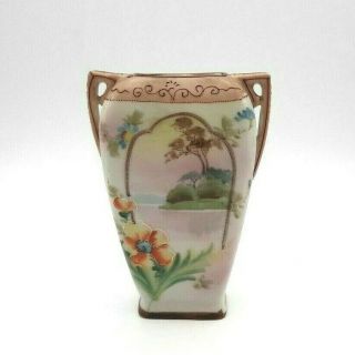 Antique Nippon Hand Painted Handle Porcelain Vase Lake Floral Landscape Moriage