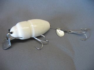Vintage Wood Creek Chub Beetle Fishing Lure White Primer Color Pearl Spinner