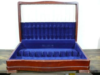 Vtg Wooden Sterling Flatware Storage Chest Case Box W/ Feet & Blue Felt