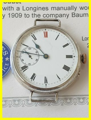 Very Rare Longines Trench Watch,  London 1908,  13.  67 Cal,  36mm,  Archive Info