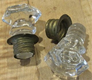 2 Vintage Glass Screw In Cabinet Or Drawer Knobs W/ Brass Receivers