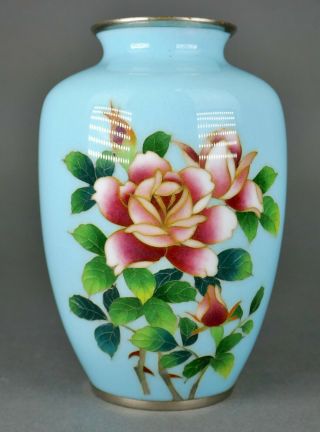 Fine Old Japanese Cloisonne Enamel Powder Blue Rose Ikebana Flower Vase
