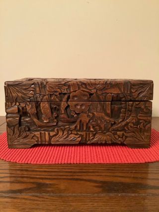 Vintage Large Hand Carved Wooden Storage Trinket Jewelry Box.  Cigar Box.