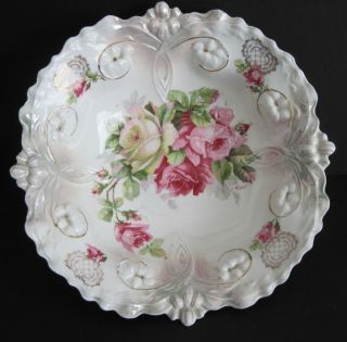 Antique German Porcelain Serving Bowl Pink Roses Germany Artist Signed