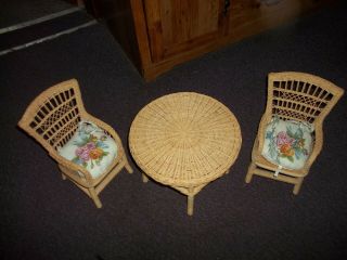 Vintage Wicker Doll Chairs And Table Cushion 