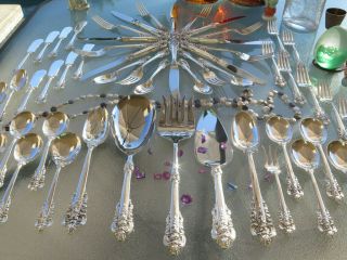 Large Wallace Grand Baroque Sterling Silver Flatware Old Set Servers Heavy Rare