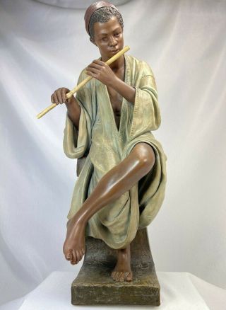 F.  Goldscheider Rare Statue Terre Cuite Xixè 1900 Orientaliste " Joueur De FlÛte "