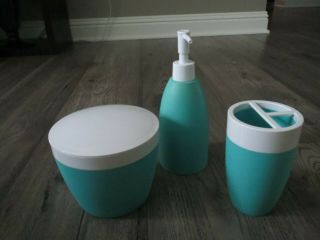 Re Room Essentials Set/3 Turquoise Soap Dispenser Toothbrush Holder Container