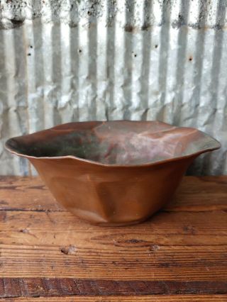 Antique Arts & Crafts Era Turned Copper Bowl Mission Style Handmade Folk Art 3
