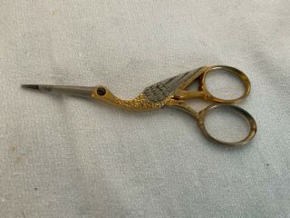 Vintage Rare Size Solingen Stork Embroidery Scissors Gold Silver Germany 4 1/8 "