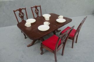 Vintage Miniature Dollhouse Wood Dining Table & Chairs,  Dishes 1:12