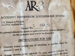 Vintage Acoustic Research AR3 Speakers Serial Numbers C18425 & C11949 Rare 3