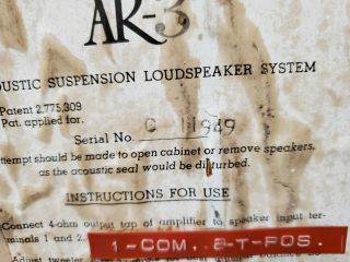 Vintage Acoustic Research AR3 Speakers Serial Numbers C18425 & C11949 Rare 4