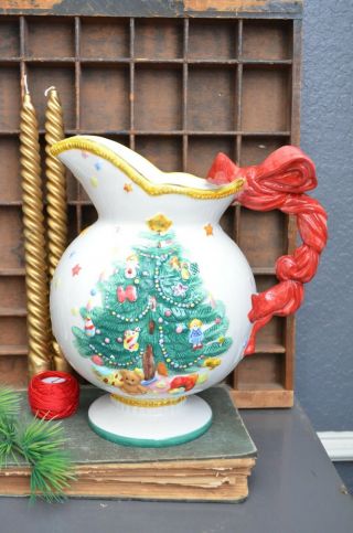 Nikko Christmas Ribbon Handle Pitcher Water Tea Decor Red Green Tree Large Rare