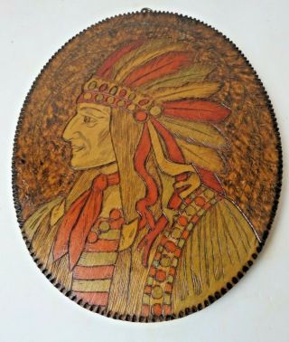 Antique Hand Painted Native American Indian Chief Flemish Art Pyrography Plaque