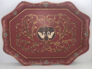 Large Vintage Octagonal Red & Black Hand Painted Tole Metal Tray 24” X 18”