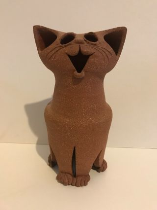 Mid Century Brutalist ? Brown Cat Ceramic Art Sculpture Figurine Mcm Signed 9”