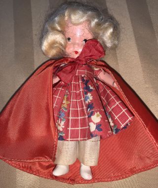 Vintage Bisque Nancy Ann Storybook Doll Red Flower Dress Red Cape Blonde Hair