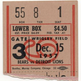 Chicago Bears Detroit Lions Nfl Football Ticket Stub 12/15/57 Wrigley Field Rare