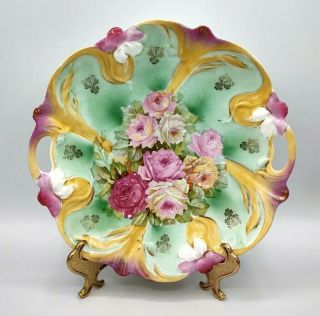 Antique Porcelain Double Handled Cake Plate Floral Serving Dish Roses