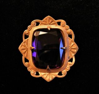 Antique Art Nouveau Faceted Amethyst Glass & Brass Brooch Pin Purple C - Clasp