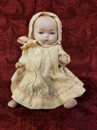 Antique German All Bisque 5 Inch Strung Infant Baby Miniature Dollhouse Doll