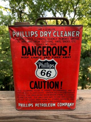 Antique Phillips 66 Dry Cleaner 1 Gallon Tin Can Oil Gasoline Advertising 1940s